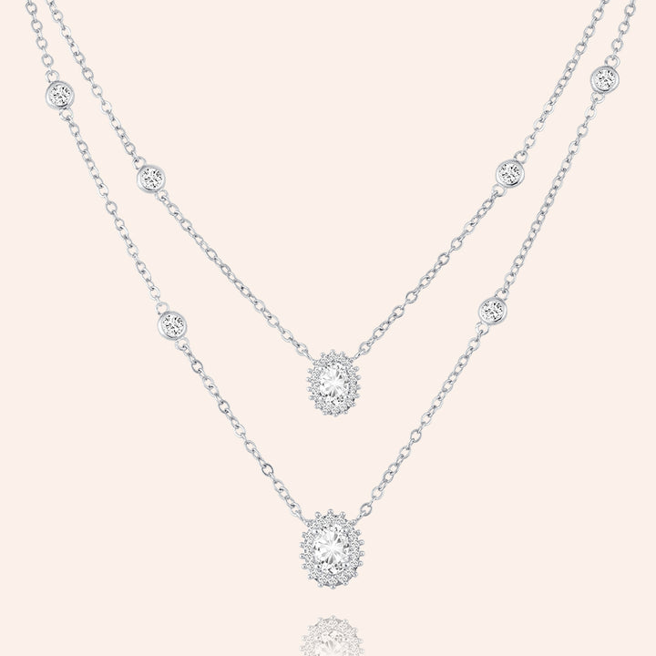 Daily Double 3.8CTW Oval Cut Halo Pendants Duo Layerd Necklace