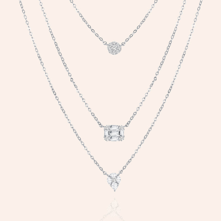 Triple Elegance 1.4CTW Pave and Baguette Charms Layered Necklace