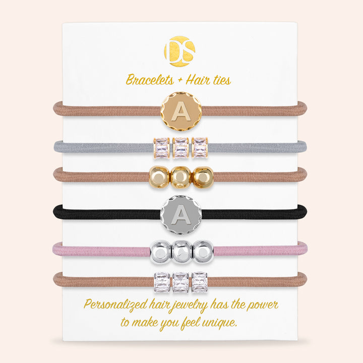 The Unique One Initial Hair Ties & Bracelet Jewels- Set of 6