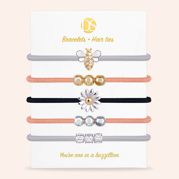 Bee Happy Two-Tone Hair Ties & Bracelet Jewels - Set of 5