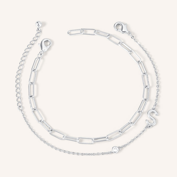 Yours Truly Initial & Clip Chain Layering Bracelets - Set of 2